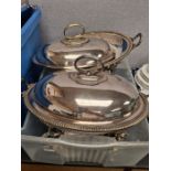 Two boxes of assorted silver plate including hot water vegetable dishes