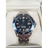 Omega; A seamaster professional 300m, quartz Gent's wristwatch. Presented with a blue wave dial, and