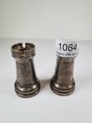 A pair of quality novelty silver pieces modelled as a Rook chess piece. Awarded as a trophy for the