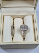 9ct white gold Bridal set comprising engagement ring inset with small round cut diamond, matching ha