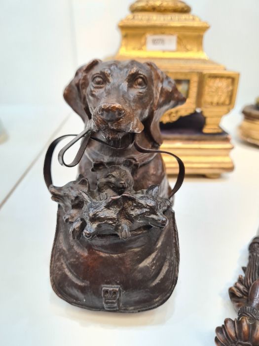 Geschutzt, an Austrian bronze inkwell in form of dog with satchel containing puppies stamped to reve - Image 5 of 5