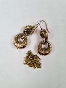Unmarked gold; a pair of yellow metal drop earrings and yellow metal chain, 8.5g approx.