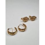 Pair of 9ct yellow gold scalloped and textured design earrings, approx 3cm length and a pair of 9K y