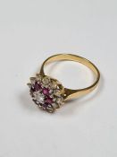 18ct yellow gold Ruby and diamond cluster ring, marked 18ct, size O, approx 3.85g