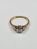 Antique 18ct and platinum diamond ring with single starburst set diamond in raised platinum mount, m
