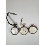 Three silver pocketwatches, one being Swiss with key, one hallmarked Chester 1890 Edward