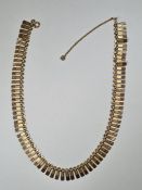 9ct gold fringe necklace, comprising rectangular textured panels, approx 40cm, with safety chain, ma