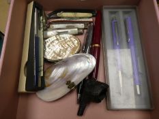 Collectables to include meercham pipe, shell purses, m.o.p penknives, pens including parker etc.