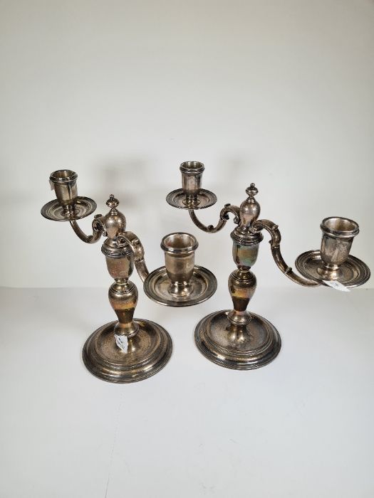 A pair of heavy silver candleabras, not weighted having two branches. On a circular pedestal foot an - Image 4 of 4