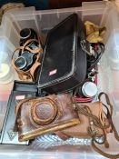 A selection of vintage cameras and equipment including Leica D.R.P. and a pair of binoculars