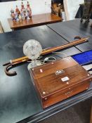 A Victorian rosewood travelling box, three walking sticks and sundry