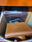 A box of leather items to include leather handbags, diary and satchels