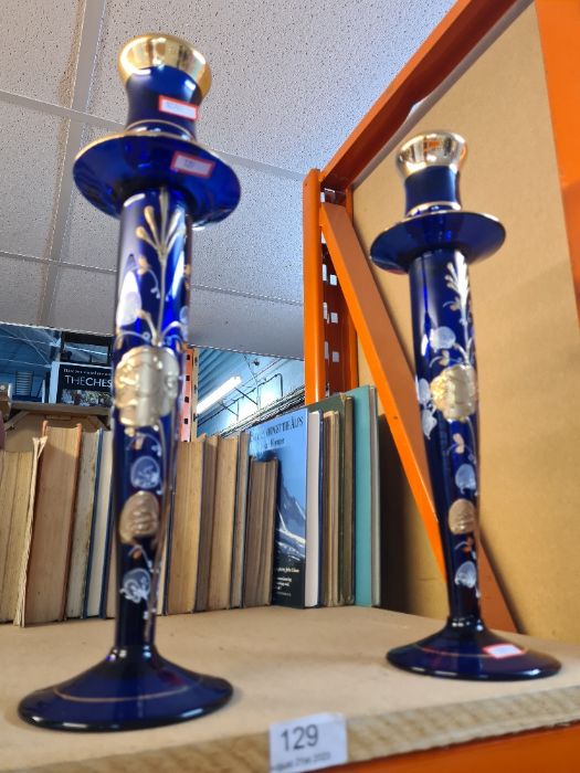Bohemian style blue glass candlesticks, overlaid with hand decoration - Image 8 of 12