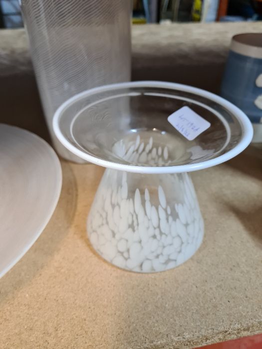 Three white and clear glass items including a circular dish and two vases - Image 2 of 4