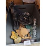 A box containing resin figures of dogs/horses, glassware, pictures and prints, lamps and shades