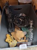 A box containing resin figures of dogs/horses, glassware, pictures and prints, lamps and shades