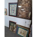 A quantity of needlework pictures, Egyptian style picture and others