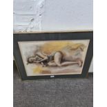 A pastel drawing of Lady lying on side by Nichols and three other pictures, including 2 pencil signe