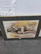 A pastel drawing of Lady lying on side by Nichols and three other pictures, including 2 pencil signe
