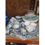 A selection of mostly blue and white transfer print china mark to the base an interlocking CF, etc