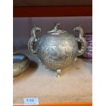 A Chinese brass globular censer decorated figures with dragon handles and a similar circular bowl