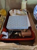 Three boxes of mixed items to include plated cutlery, pipes, fans and cigarette cards by State Expre