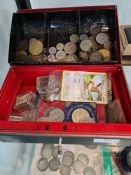 A metal moneybox containing mixed coinage, some 19th Century