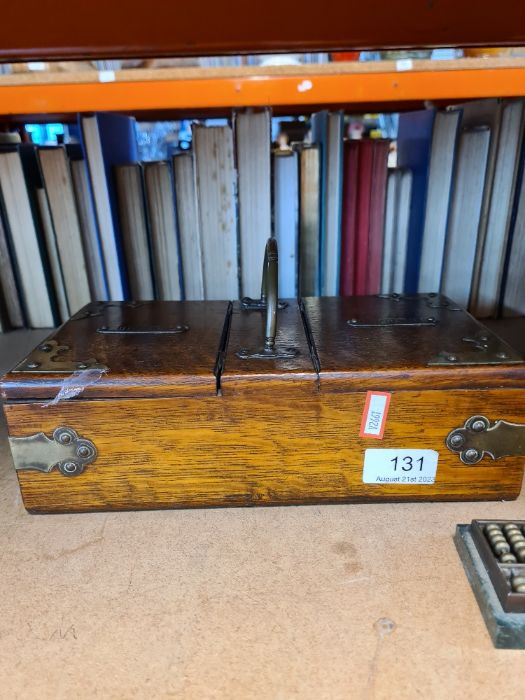 Two treen boxes, one being a cigar and cigarette box and a stationery box and small brass Abacus - Image 2 of 6