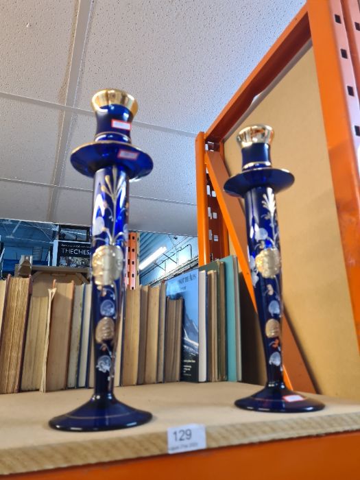 Bohemian style blue glass candlesticks, overlaid with hand decoration