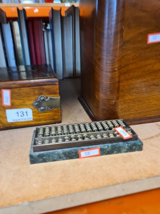 Two treen boxes, one being a cigar and cigarette box and a stationery box and small brass Abacus - Image 4 of 6