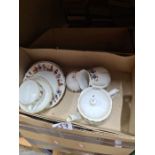 Four boxes of mixed chinaware, light fittings, needlework box, collection of minerals, etc