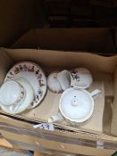 Four boxes of mixed chinaware, light fittings, needlework box, collection of minerals, etc