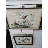 Two framed embroidered silk panels, one depicting birds, the other of various insects