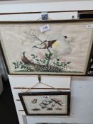 Two framed embroidered silk panels, one depicting birds, the other of various insects