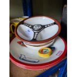 Of motoring interest; a Beswick bowl in form of steering wheel made for Les Leston, motoring rugs an