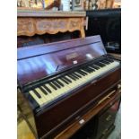 An old mahogany cased Dulcetone piano with folding legs and a pair of Dynatron speakers