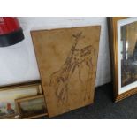 Two vintage African oil paintings of elephants and giraffes, one signed