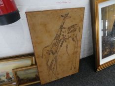Two vintage African oil paintings of elephants and giraffes, one signed