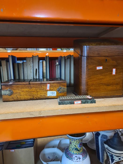 Two treen boxes, one being a cigar and cigarette box and a stationery box and small brass Abacus - Image 5 of 6