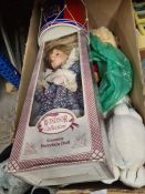 A box of mixed vintage plush toys including Sooty and Sweep puppets- boxed doll withdrawn