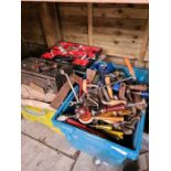 Mixed tools, garden implements and a metal filing cabinet