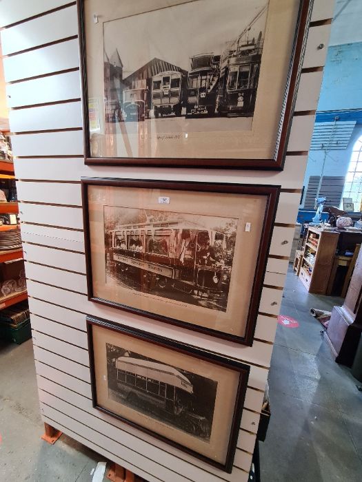 Three reproduction black and white pictures of trams and buses, from the early 1900s