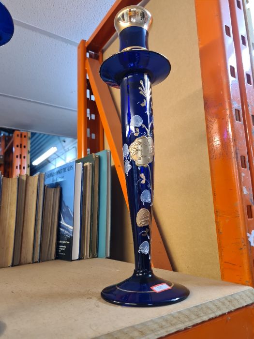 Bohemian style blue glass candlesticks, overlaid with hand decoration - Image 5 of 12