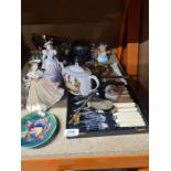 A selection of chinaware including Royal Worcester figures, Moorcroft, metalware, etc