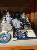 A selection of chinaware including Royal Worcester figures, Moorcroft, metalware, etc