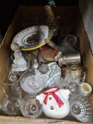 A mixed selection of china, glass dolls, vintage tins, etc