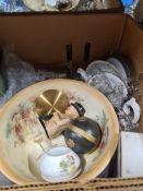 A selection of china and glass ceramics including Doulton character jug of Winston Churchill, books