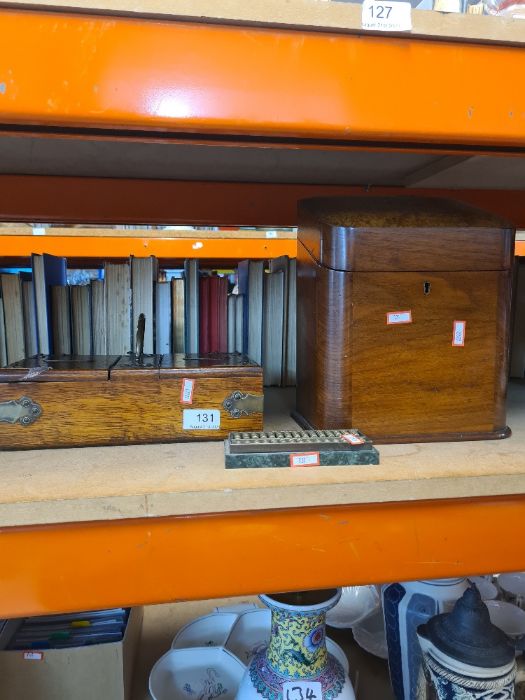 Two treen boxes, one being a cigar and cigarette box and a stationery box and small brass Abacus
