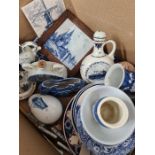 A box of mixed blue and white china and sundry