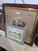 A pair of early 20th Century framed tiles of Boy and Girl, and three other pictures